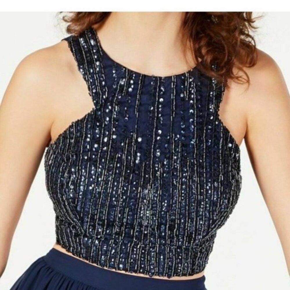 B. Darlin Navy Sequined Beaded Crop Top. 0